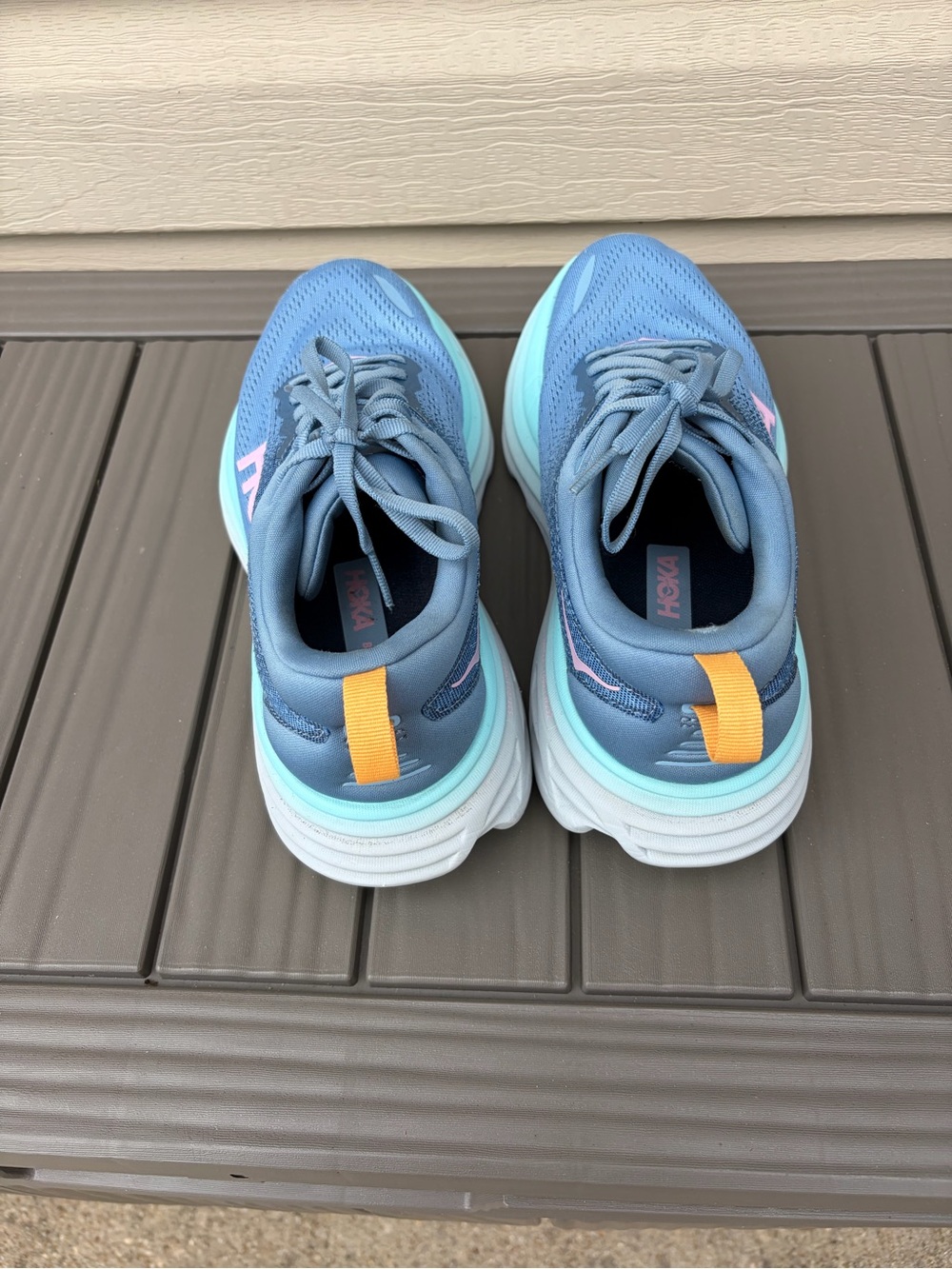 Hoka Bondi 8 Women's Light Blue Running Shoes with Pink & Yellow Accents - Picture 3 of 4